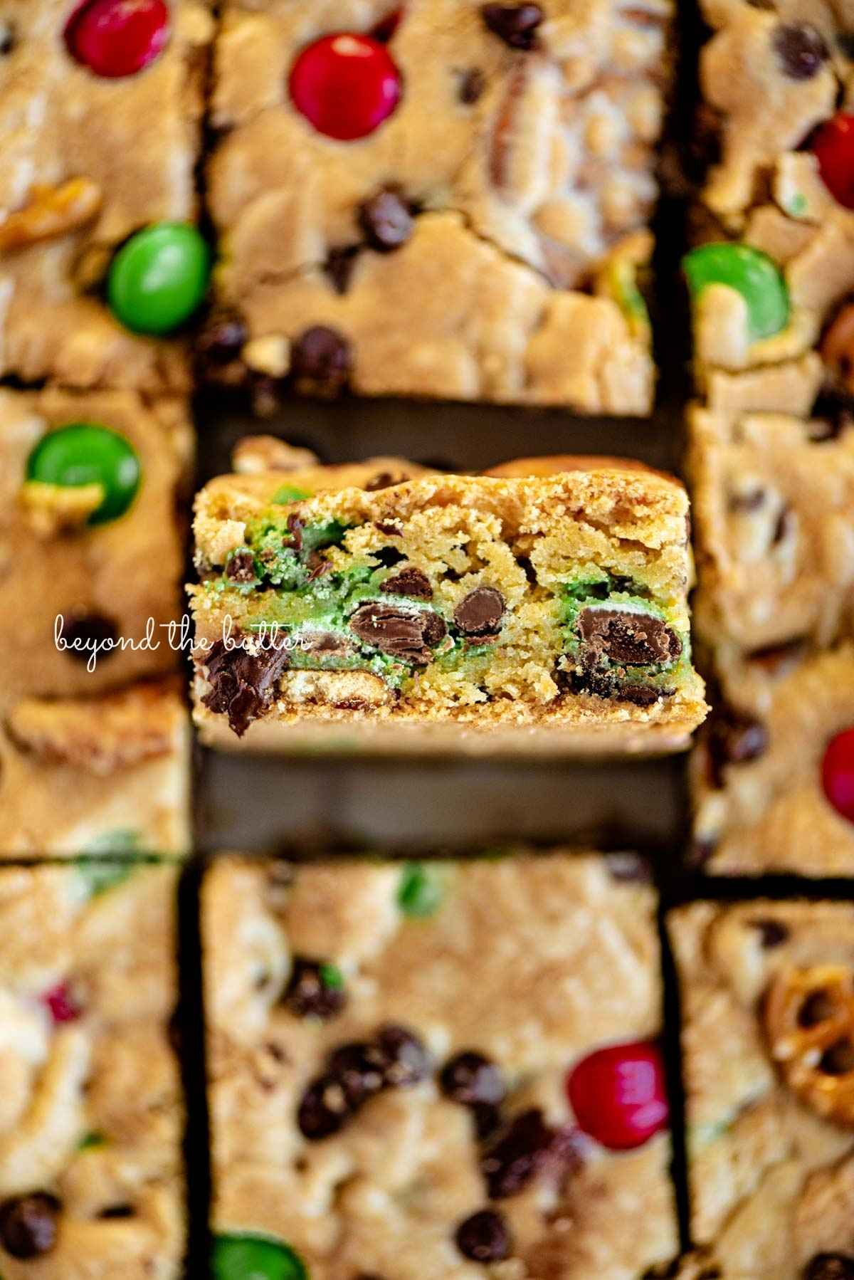 Holiday Chocolate Chip Cookie Bars with M&Ms and Pretzels