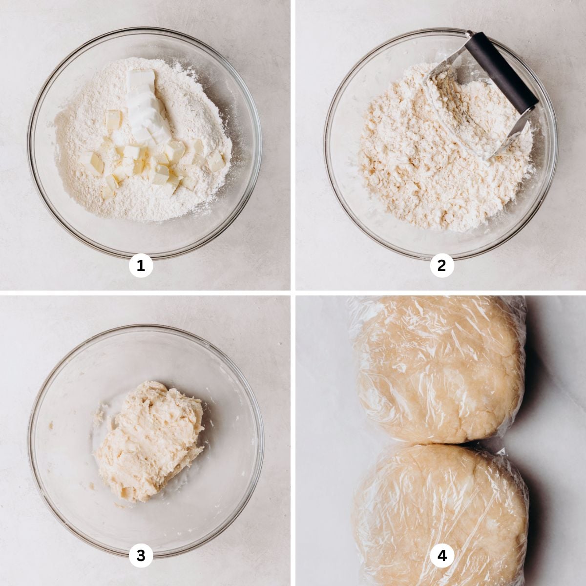 Four images of the stages of making homemade pie crust dough in a glass bowl and 2 plastic wrapped discs of dough on a white marbled background.