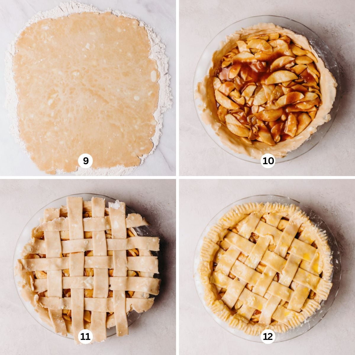 Rolling out pie crust dough, adding the apple pie filling, adding the top lattice crust, then applying the egg wash.