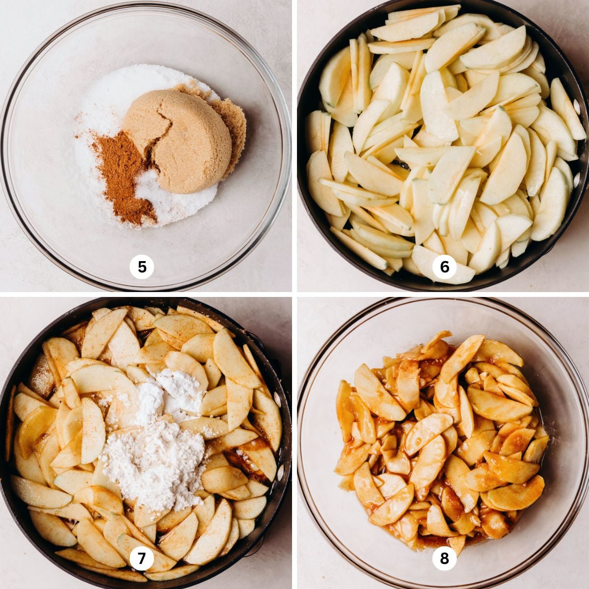 Making homemade apple pie filling using a glass bowl to mix the spices and a skillet to cook the apples on a white marbled background.