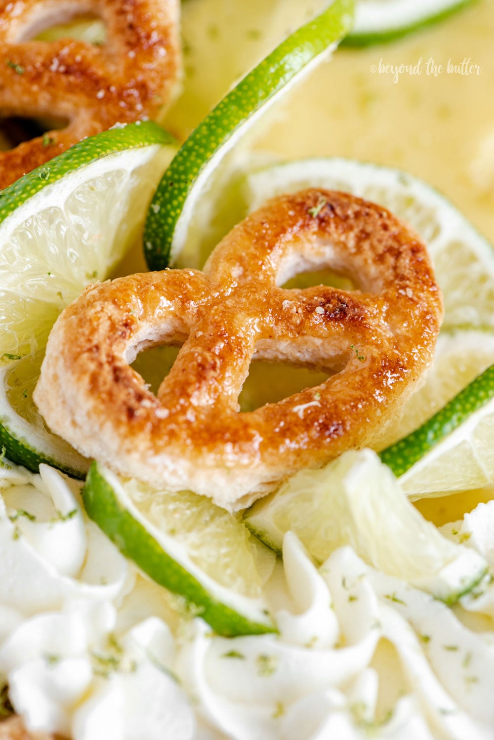 Easy Key Lime Pie decorated with homemade whipped cream, puff pastry twists, and sliced limes | Image and Copyright Policy: © Luyiz, LLC