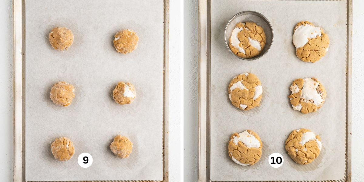 Steps showing baking and reshaping peanut butter fluffernutter cookies after baking.