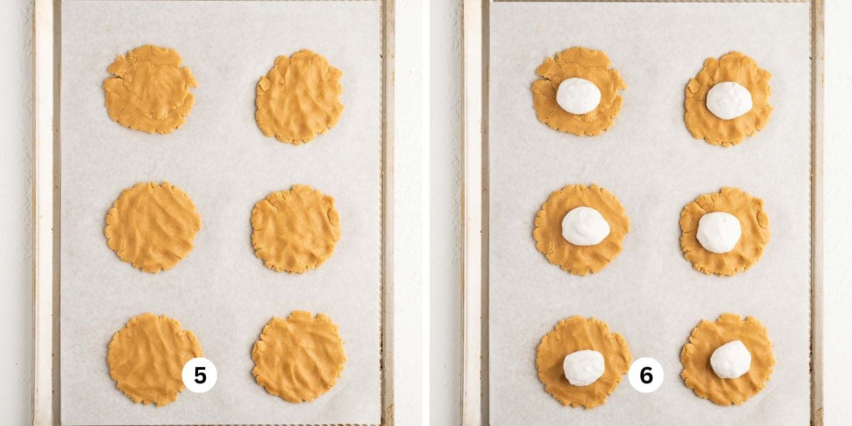 Steps 5 and 6 showing how to shape the fluffernutter cookie dough into small discs and adding a scoop of marshmallow fluff to each center.