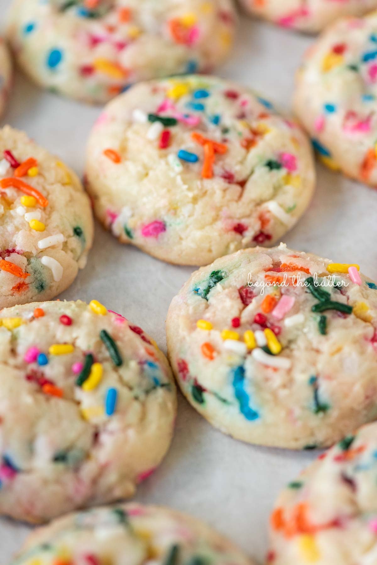 Funfetti butter cookies lined up close together in rows on white parchment paper.