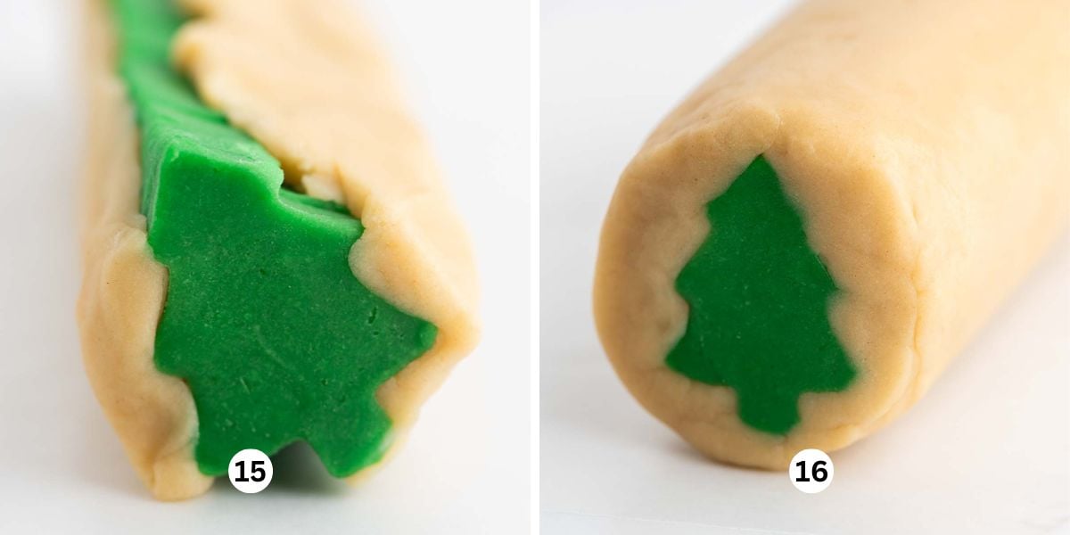 Placing cookie dough around the Christmas tree center to form the cookie dough log on a sheet of wax paper.