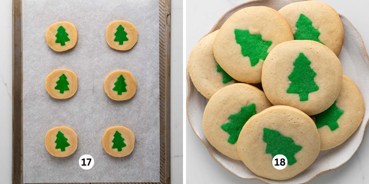 Slice and bake cookies placed on a parchment paper lined baking sheet and then baked and placed on a dessert plate.
