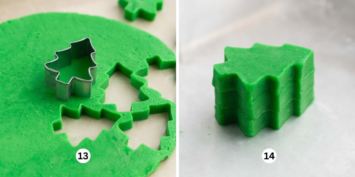 Cutting out the cookie dough Christmas trees and stacking them on top of one another on a wax paper lined cookie sheet.