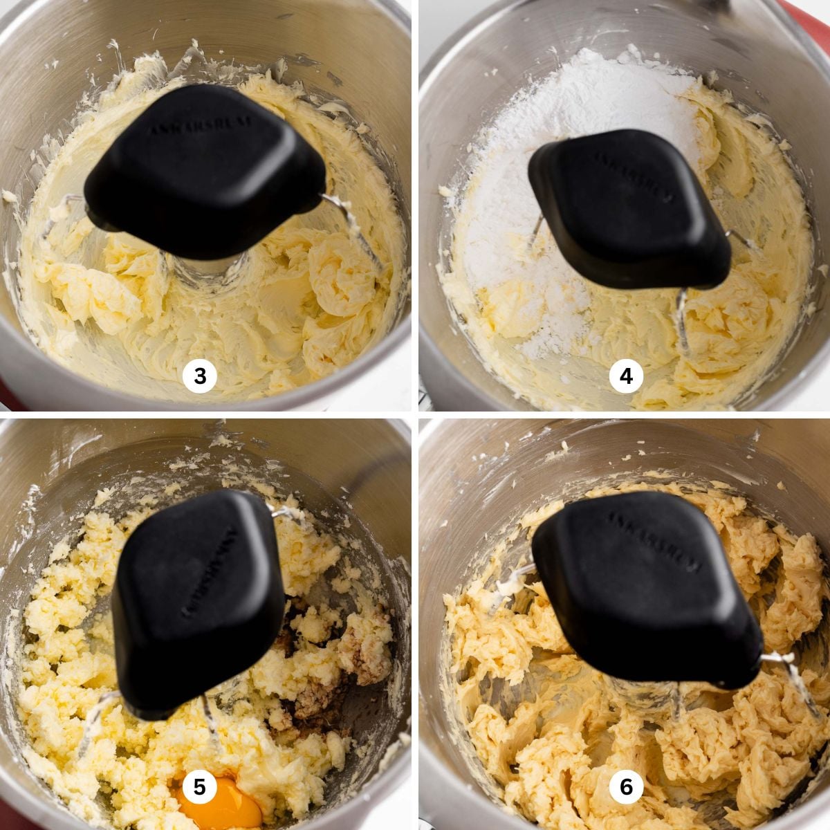 Four images showing butter, powdered sugar, eggs, and extracts being mixed together in an Ankarsrum mixer.