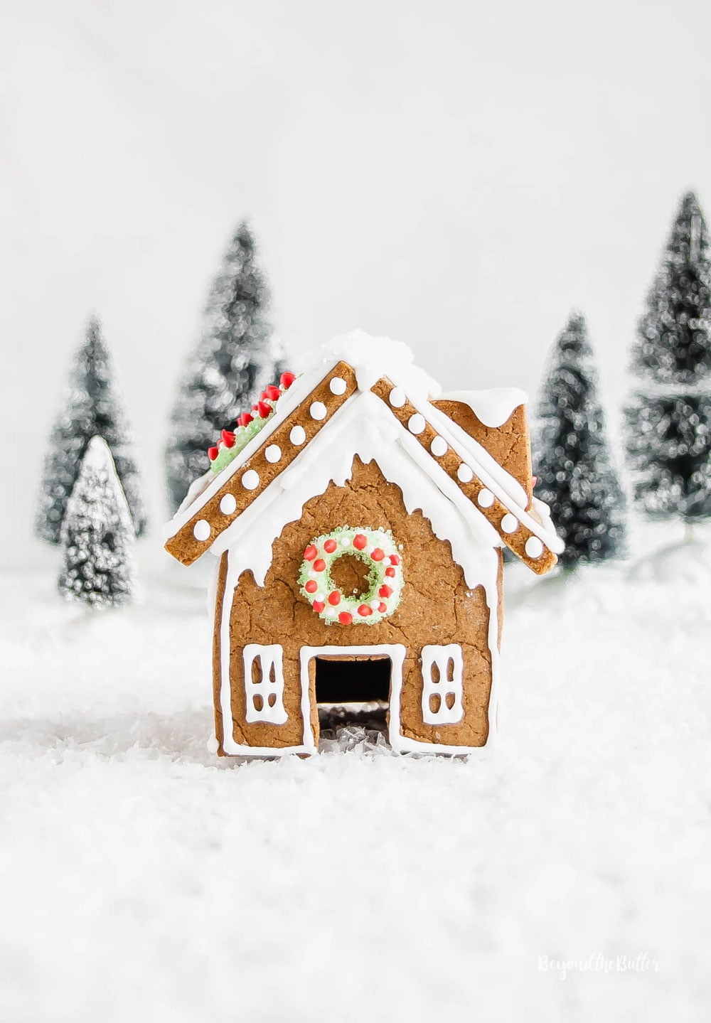 Homemade Gingerbread Houses - front view of gingerbread house with a wreath above the door and trees in the background