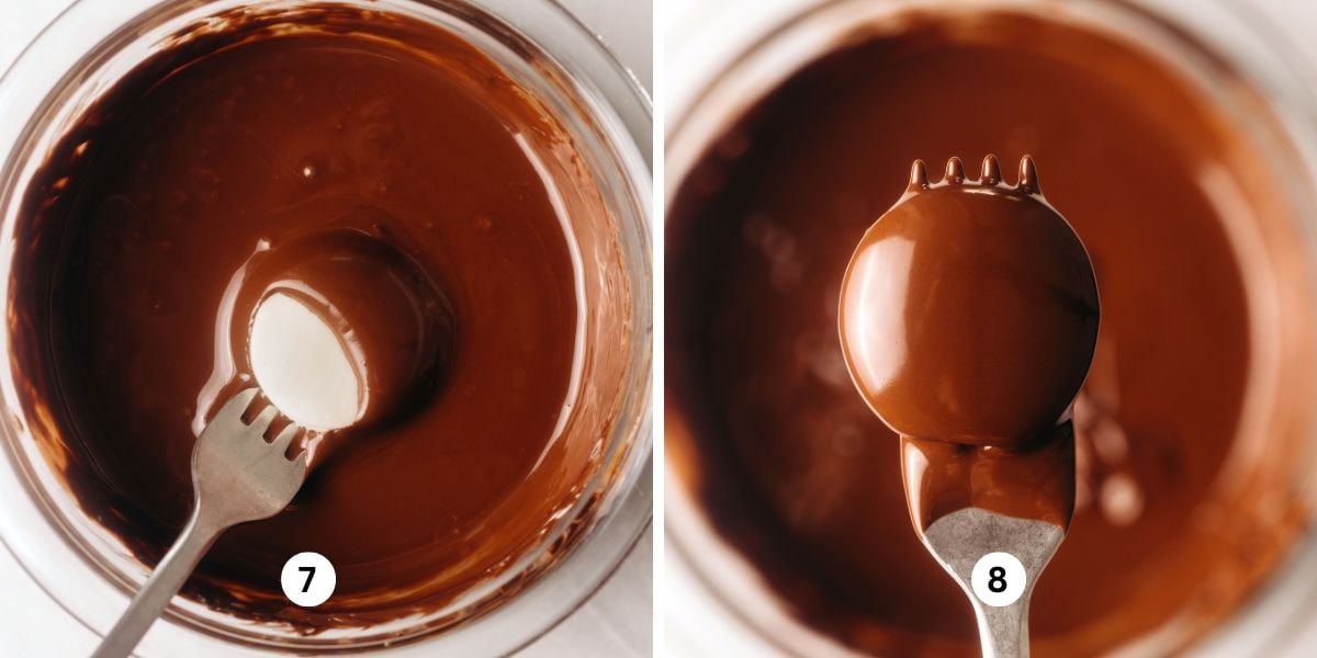 Dipping peppermint patty rounds in melted chocolate in a glass bowl.