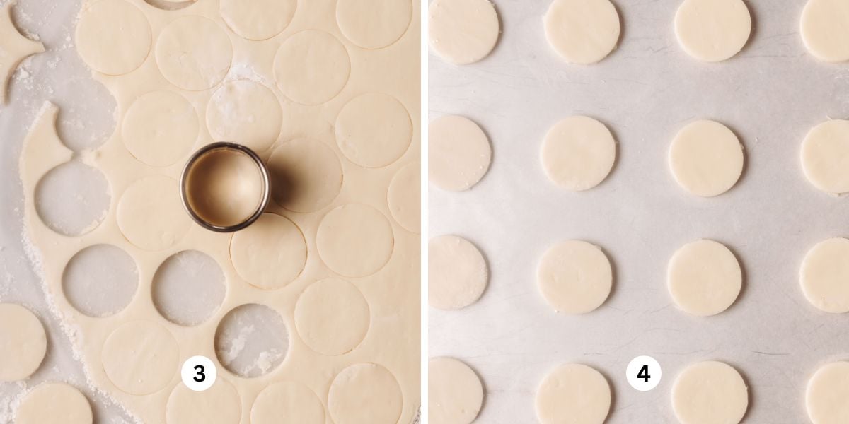 Cutting out peppermint patty rounds and placing them on a wax paper lined sheet.