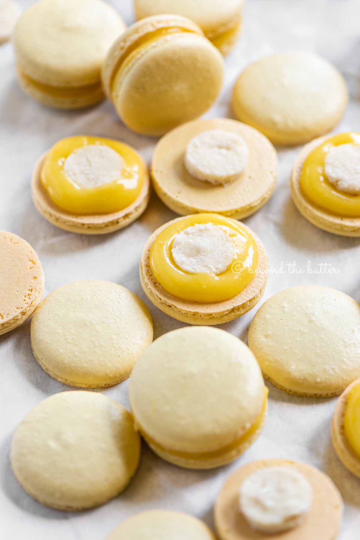 Angled image of lemon bar macarons half opened topped with shortbread crust centers and lemon curd filling | All Images © Luyiz™