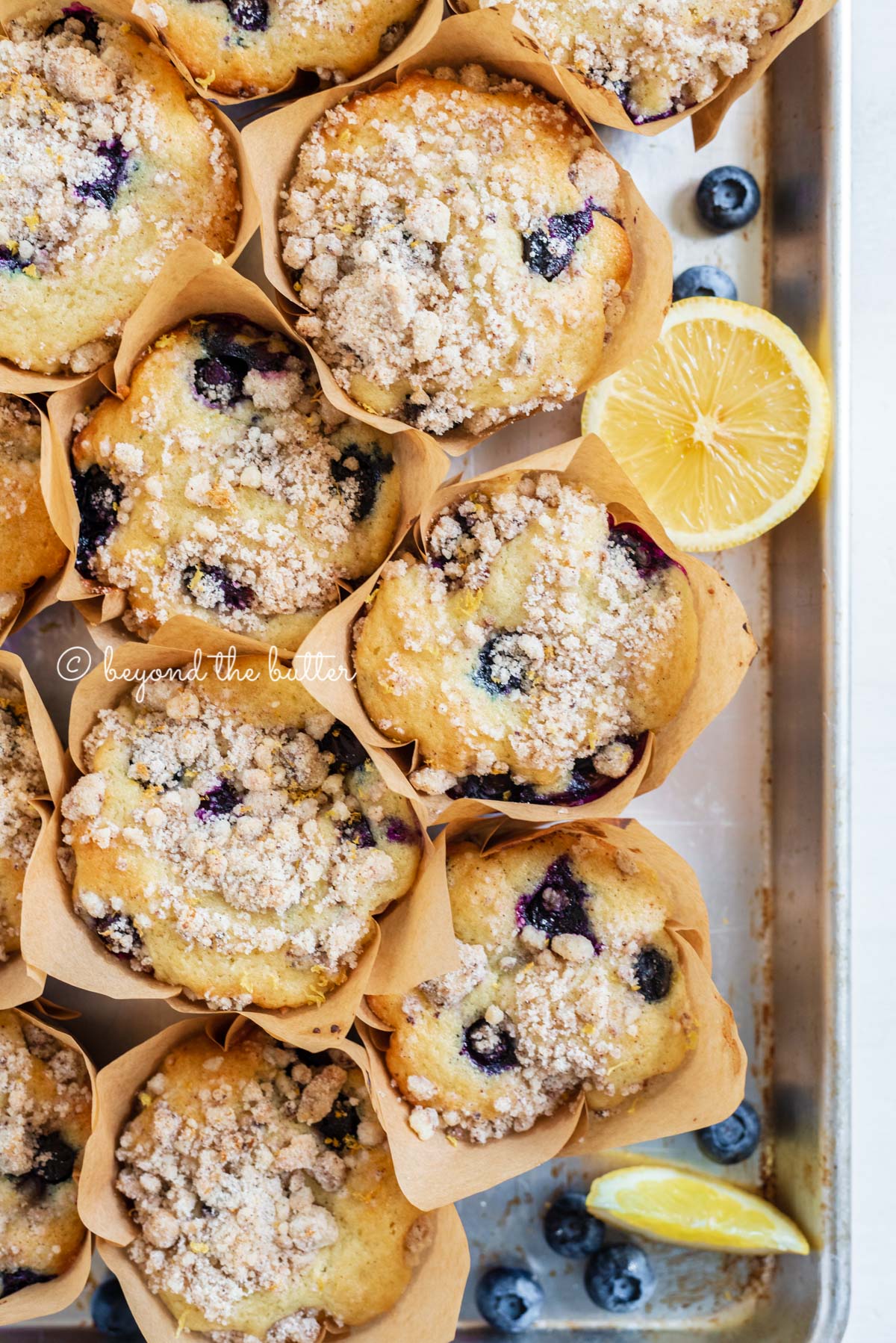 Baking tray filled with bakery style lemon blueberry muffins garnished with slices of lemons and blueberries | All images © Luyiz®