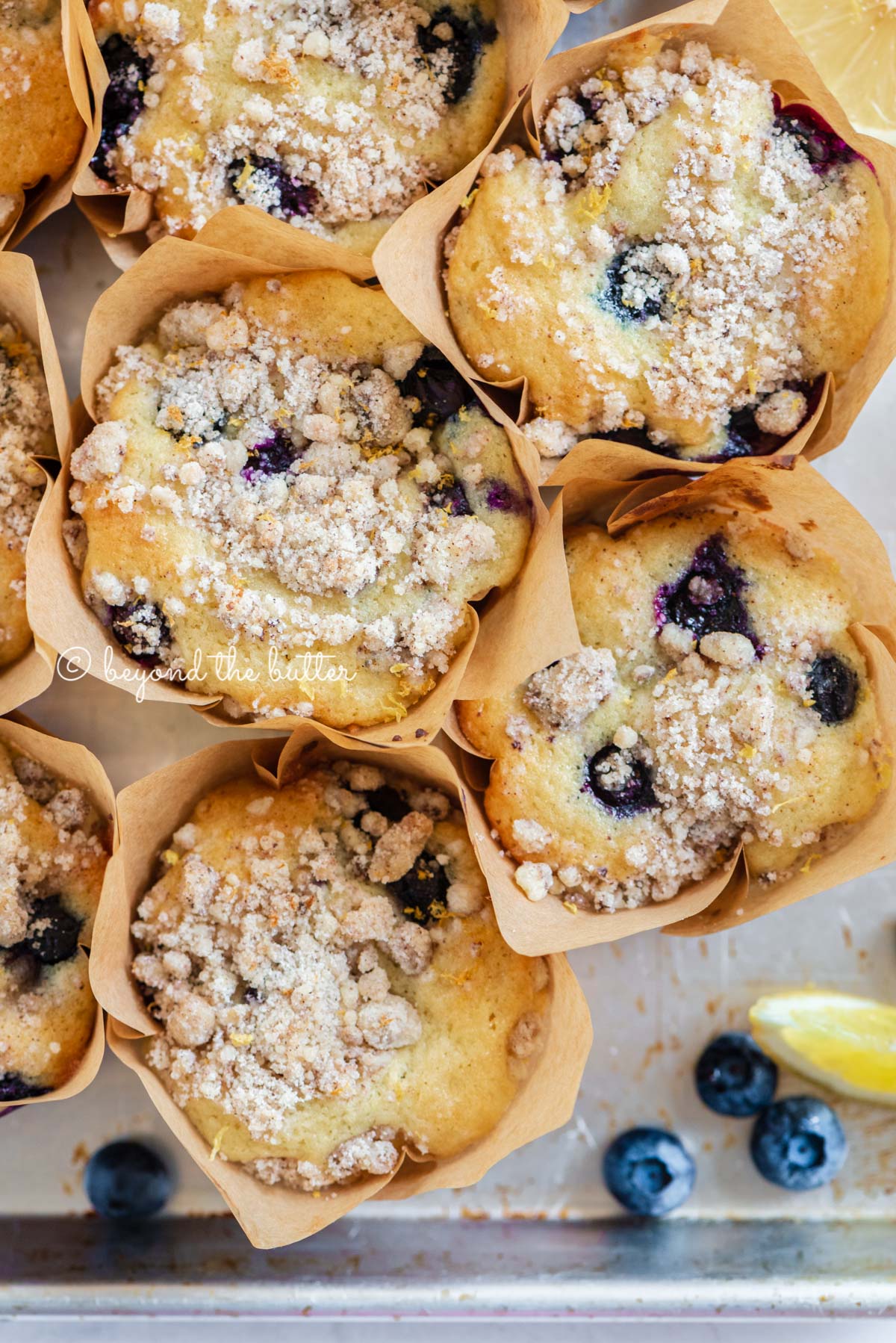 Baking tray filled with bakery style lemon blueberry muffins garnished with slices of lemons and blueberries | All images © Luyiz®