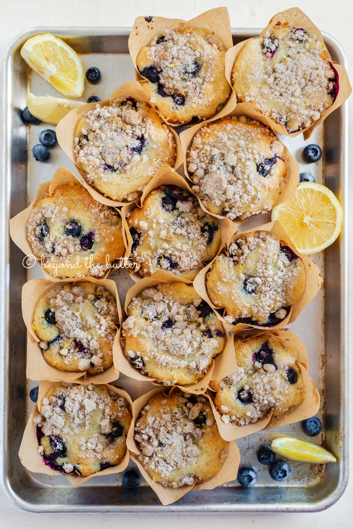 Baking tray filled with bakery style lemon blueberry muffins garnished with slices of lemons and blueberries | All images © Luyiz®