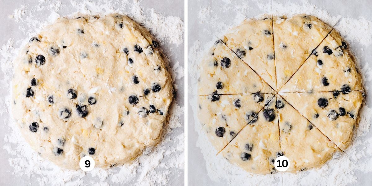Shaping lemon blueberry scones into a circle 7 inches in diameter then cutting into 8 equally sized triangles on a white flour coated background.