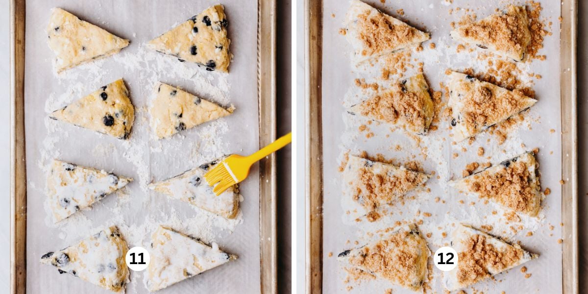 Brushing each lemon blueberry scone with a milk wash then topping with cinnamon sugar streusel on a floured, parchment paper lined baking sheet.