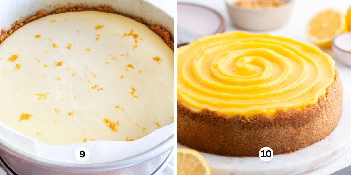 Lemon cheesecake cooling to room temperature on a white background then topping with lemon curd surrounded by lemons.
