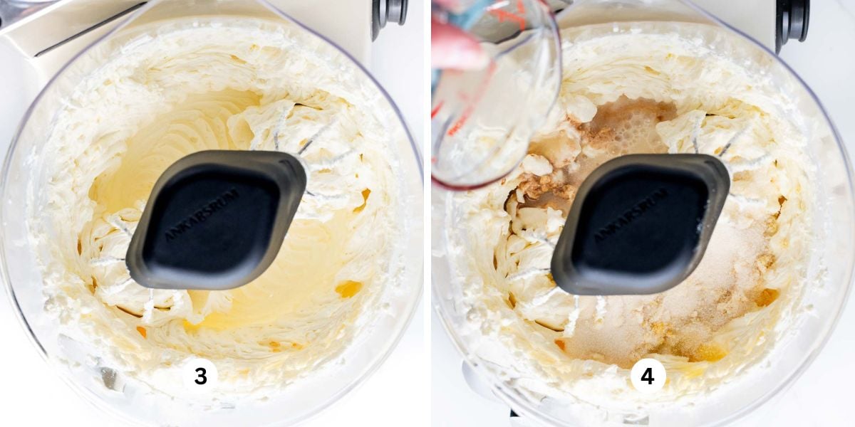 Mixing cream cheese on high speed in a cream colored Ankarsrum mixer on a white background then adding in lemon juice to the cheesecake batter.