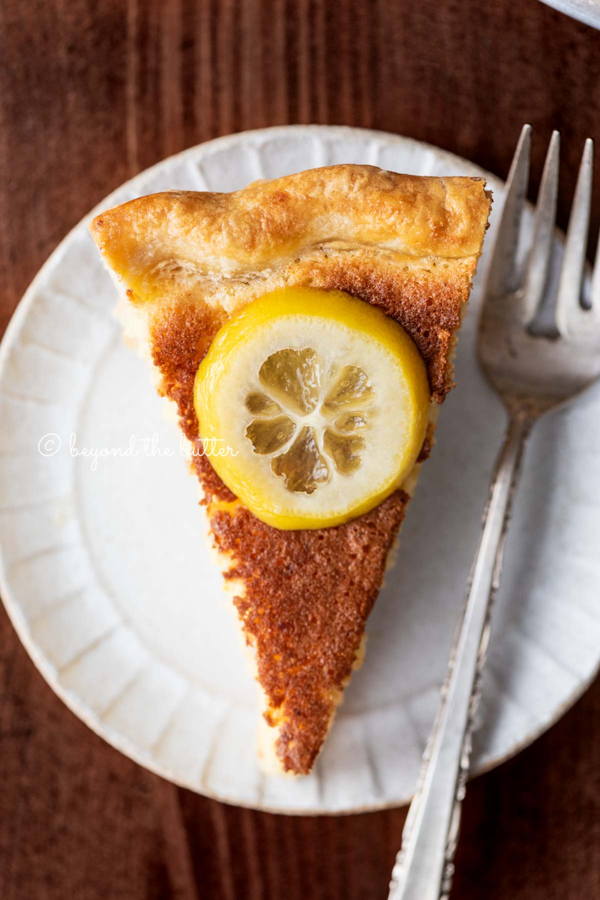 Silce of lemon sponge pie garnished with candied lemon slice | All Images © Luyiz®