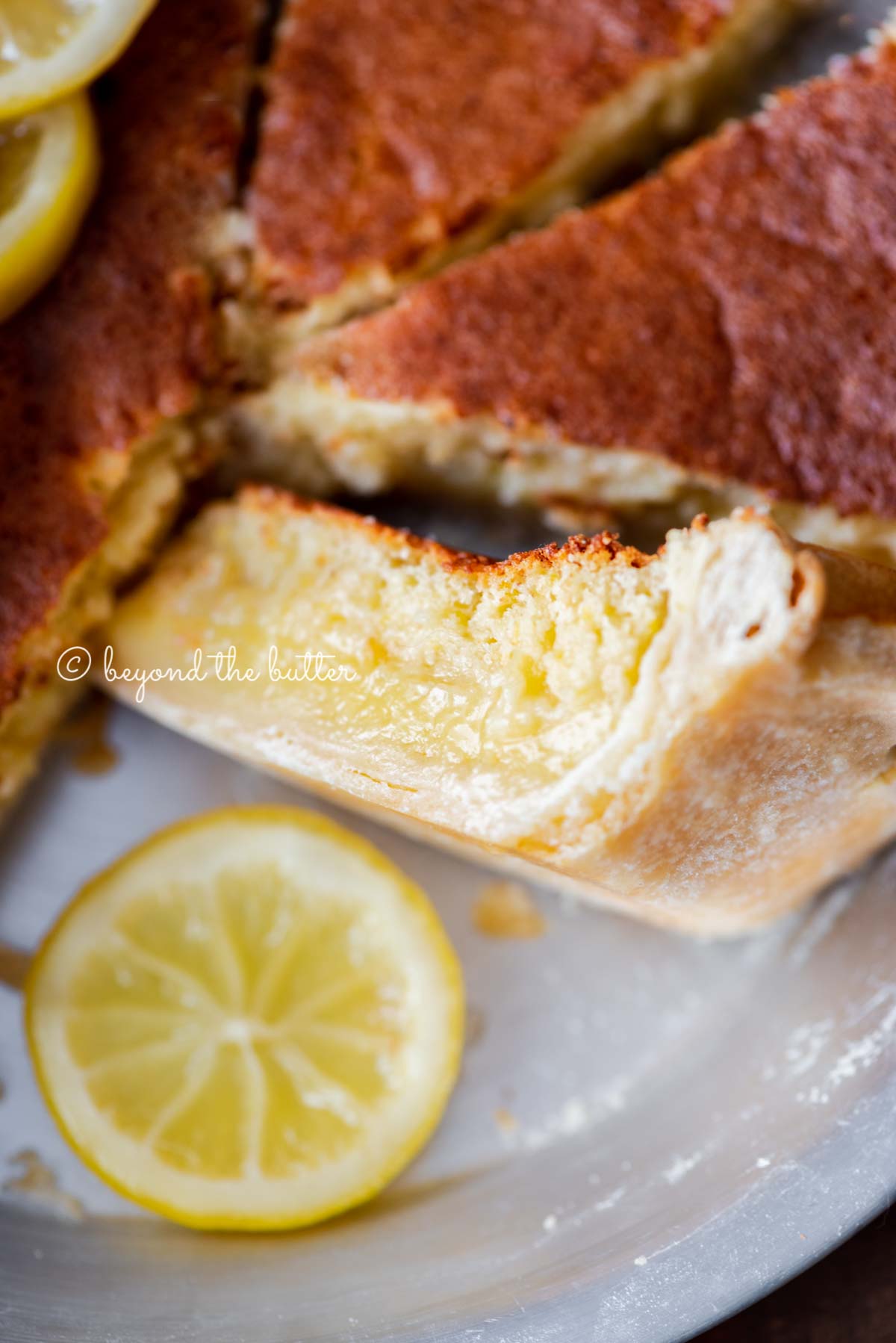 Close up of lemon sponge pie with one slice on its side paired with a slice of lemon below it | All Images © Luyiz®