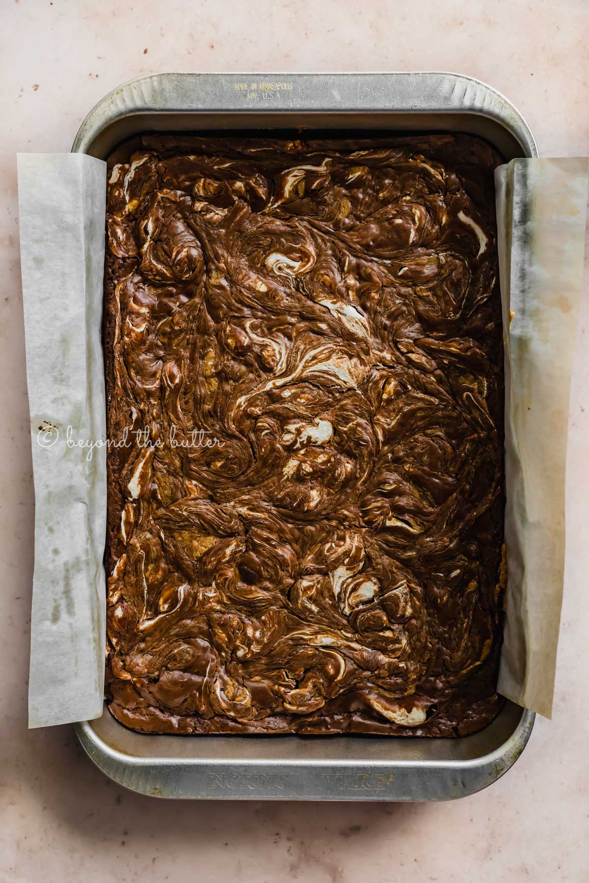 Baking tray of uncut marshmallow peanut butter brownies | All Images © Luyiz™