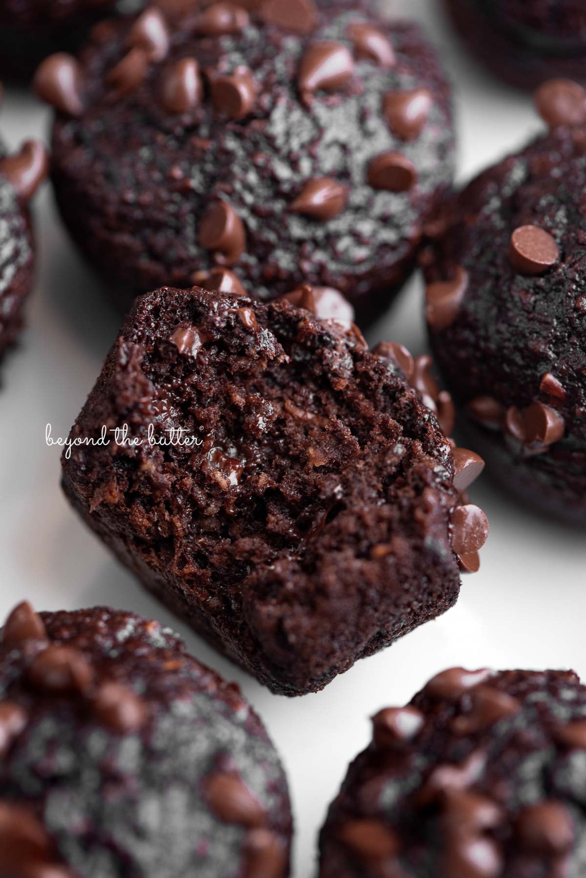 Mini chocolate banana oatmeal muffins topped with mini chocolate chips placed close together with a bit taken out of the center muffin on a white background.