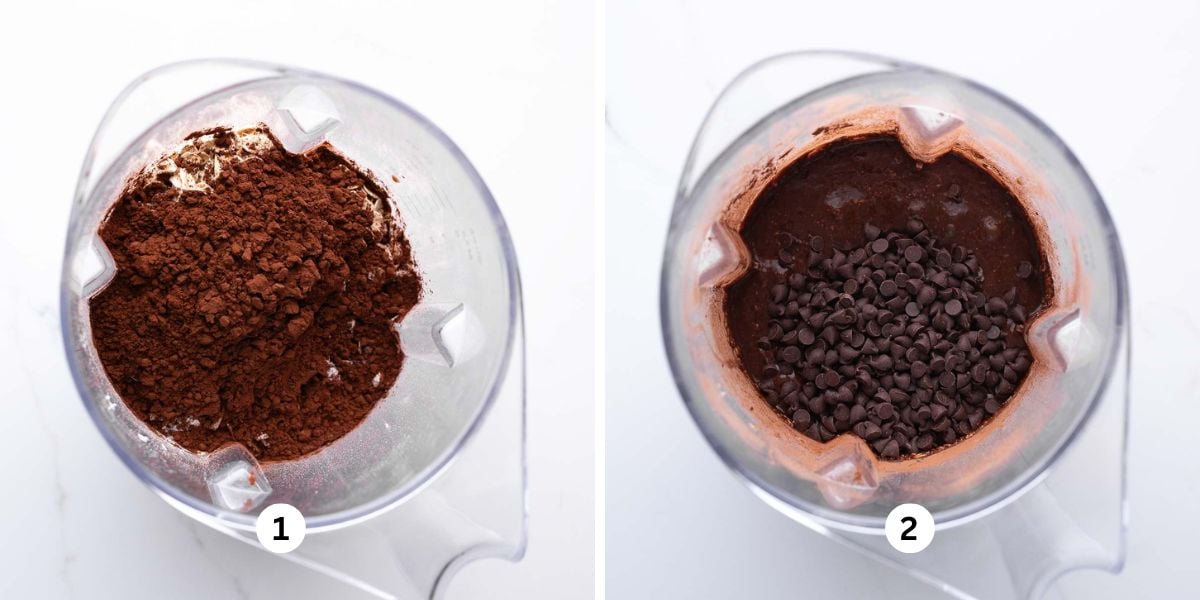 Two images of chocolate banana oatmeal muffin batter in a blender with second image topped with mini chocolate chips on a white background.