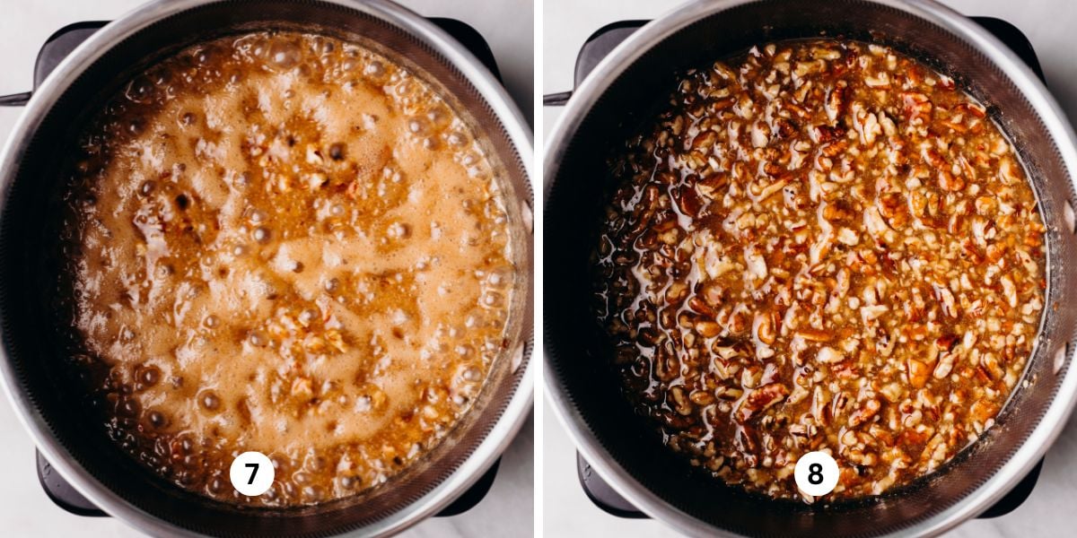 Bringing the pecan pie mixture to a boil, in a saucepan, then letting it simmer.