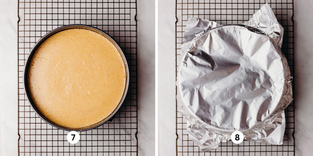 Cooled down cheesecake on a wire cooling rack, then covered loosely with paper towel and aluminum foil.