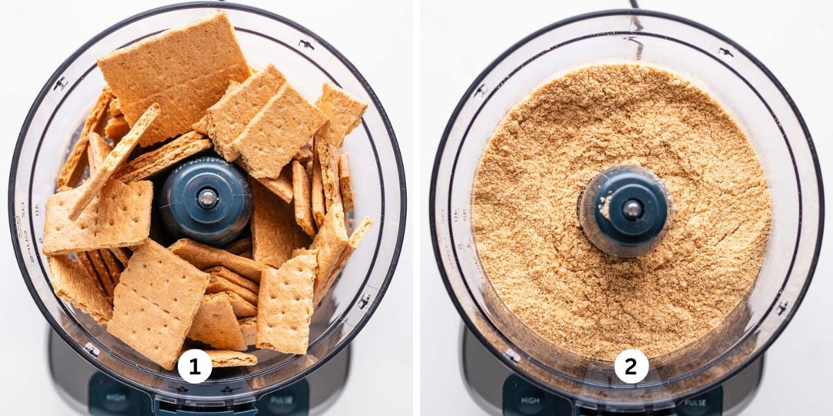 Pulverizing graham crackers into fine crumbs in a small food processor for cheesecake crust on a white background.
