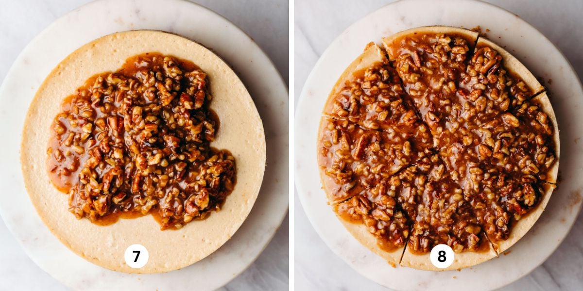 Adding pecan pie topping to a cooled cheesecake on a white marbled cake stand on a white background.