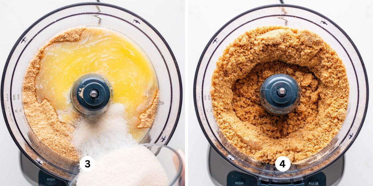 Adding melted butter and granulated sugar to graham cracker crumbs in a food processor on a white background.