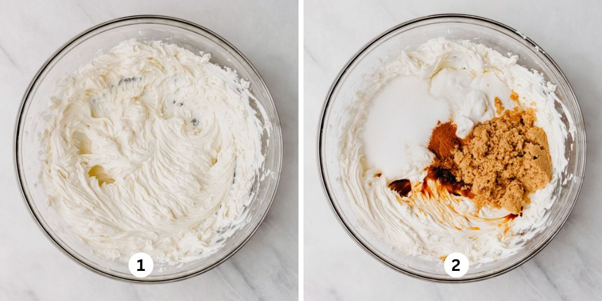 Whipping cream cheese in a glass mixing bowl, then adding in the sugars, sour cream, spices, and vanilla.
