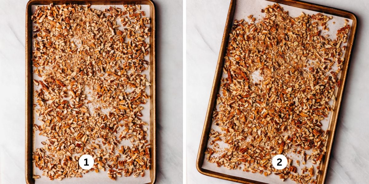 Toasting chopped pecans on a parchment paper lined baking sheet on a white background.