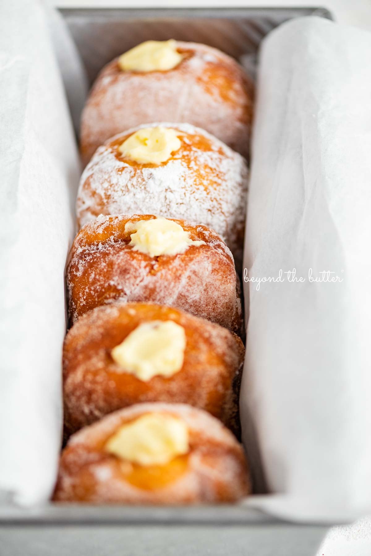 Single row of pennsylvania dutch fasnacht doughnuts filled with vanilla pastry cream wrapped in parchment paper in a loaf pan | © Luyiz®