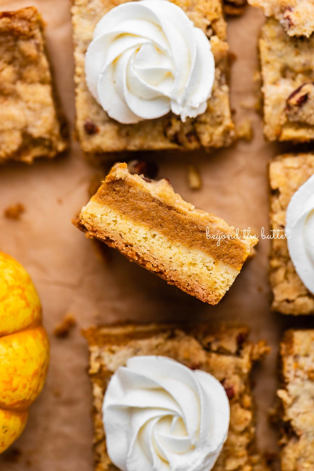 Sliced pumpkin pie cake bars on parchment paper background with center slice on its side | © Luyiz®