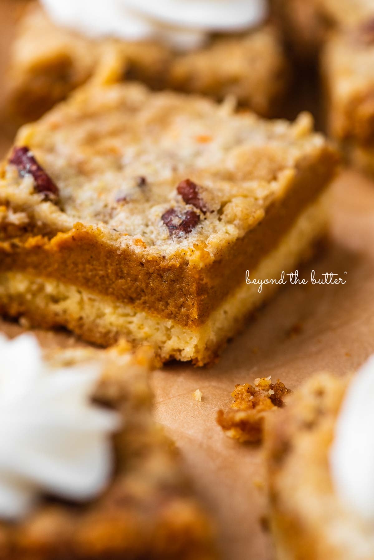 Sliced pumpkin pie cake bars on parchment paper background | © Luyiz®