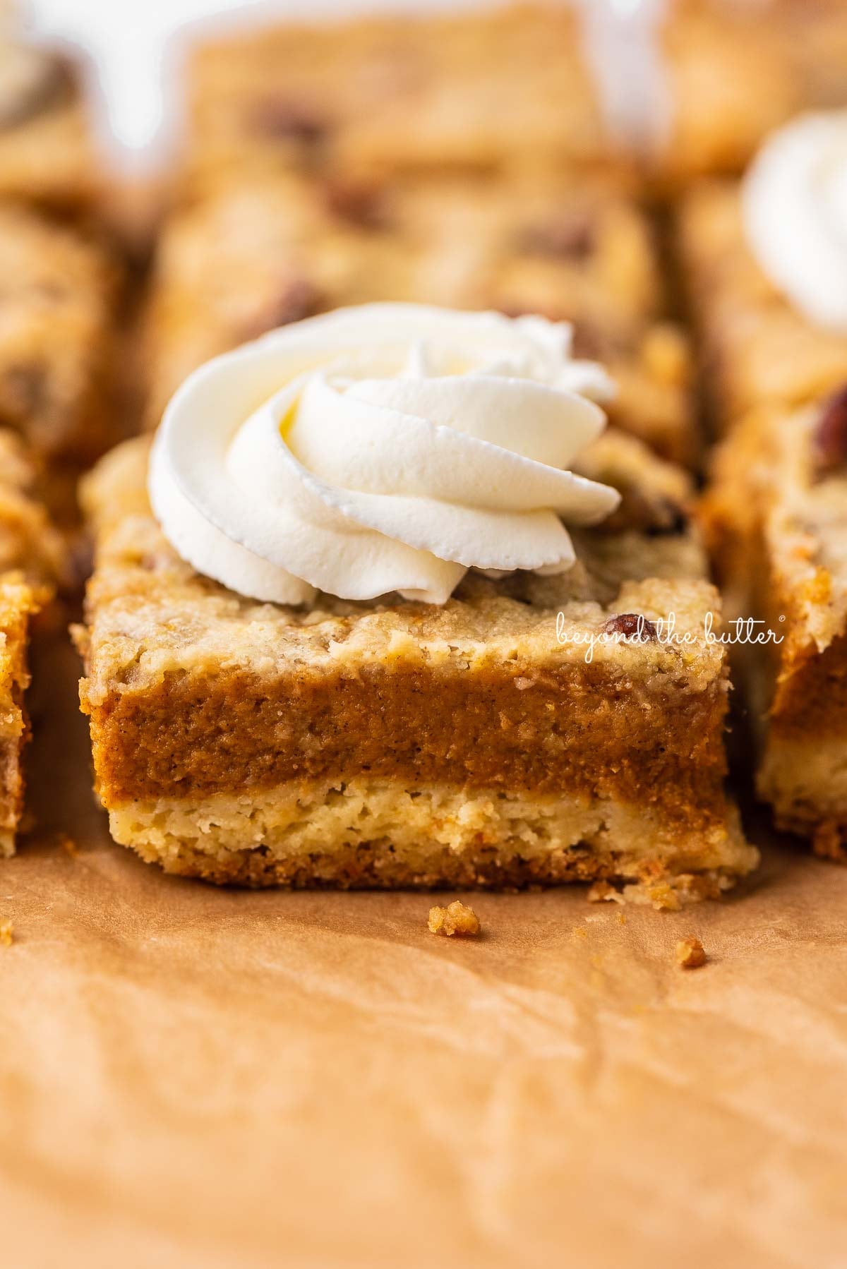 Sliced pumpkin pie cake bars topped with homemade whipped cream on parchment paper background | © Luyiz®