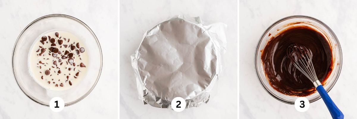 Three overhead images showing how to make chocolate ganache.