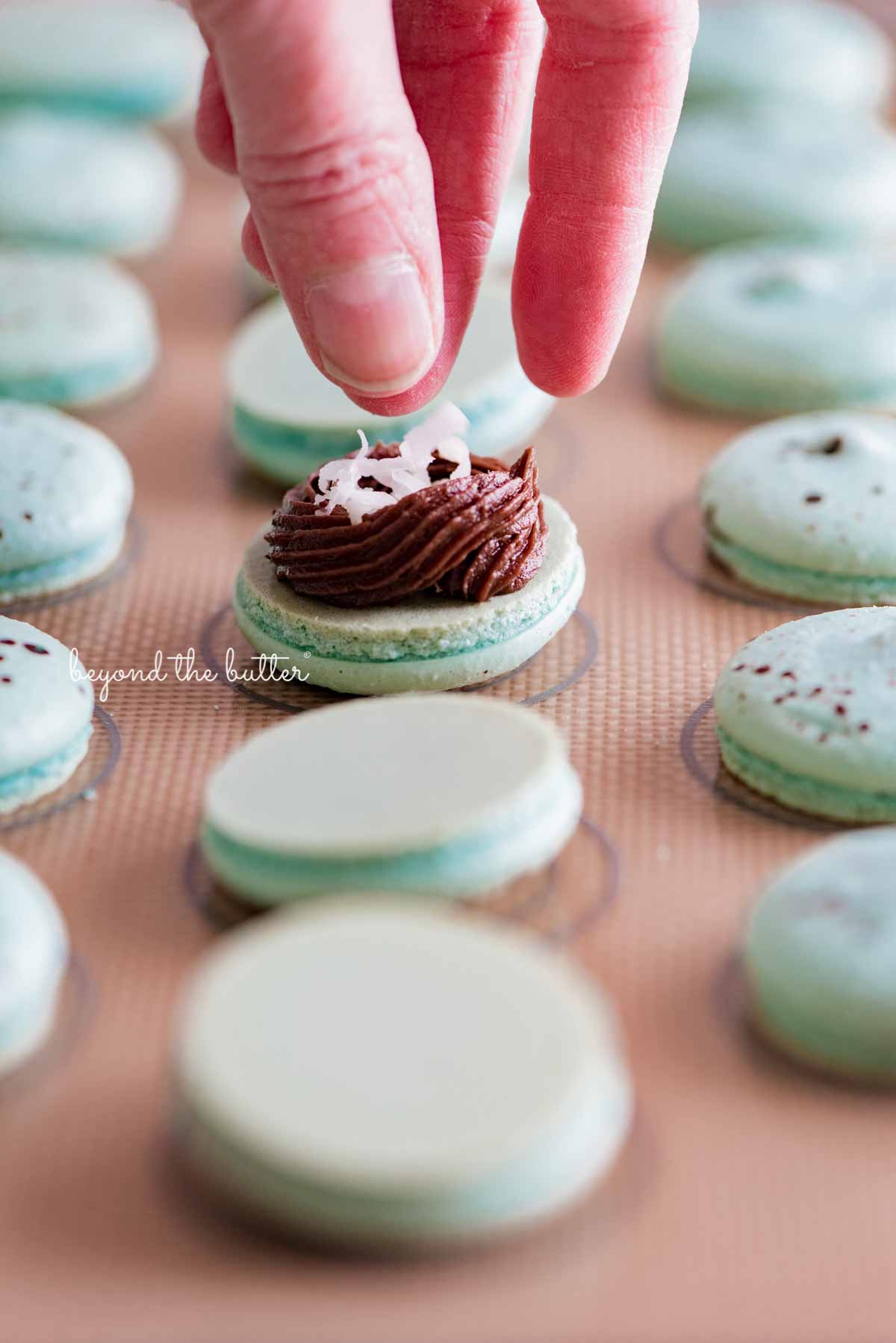 Adding toasted coconut flakes to the center of each robin's egg macaron shell from Luyiz | All images © Luyiz®