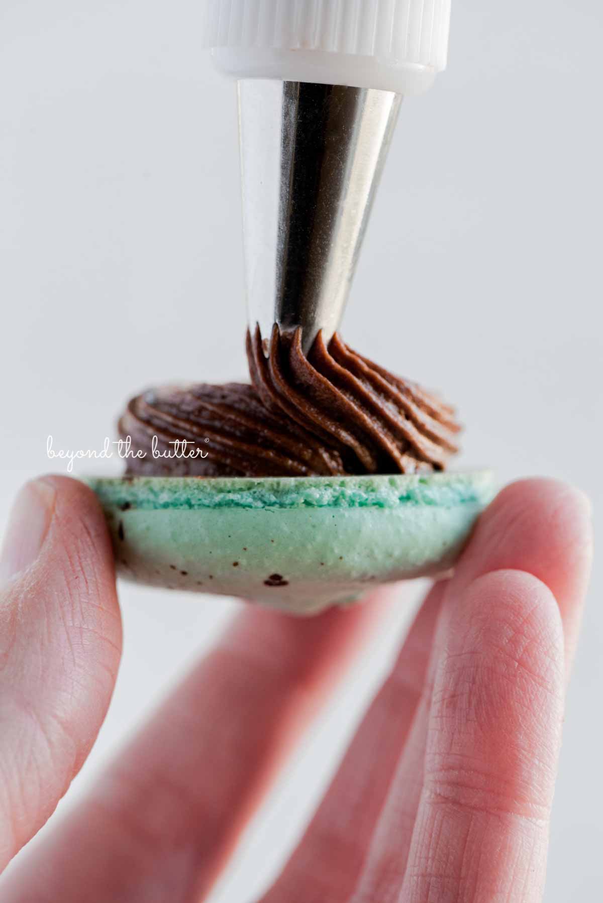 Piping milk chocolate frosting onto a robin's egg macaron shell from Luyiz | All images © Luyiz®