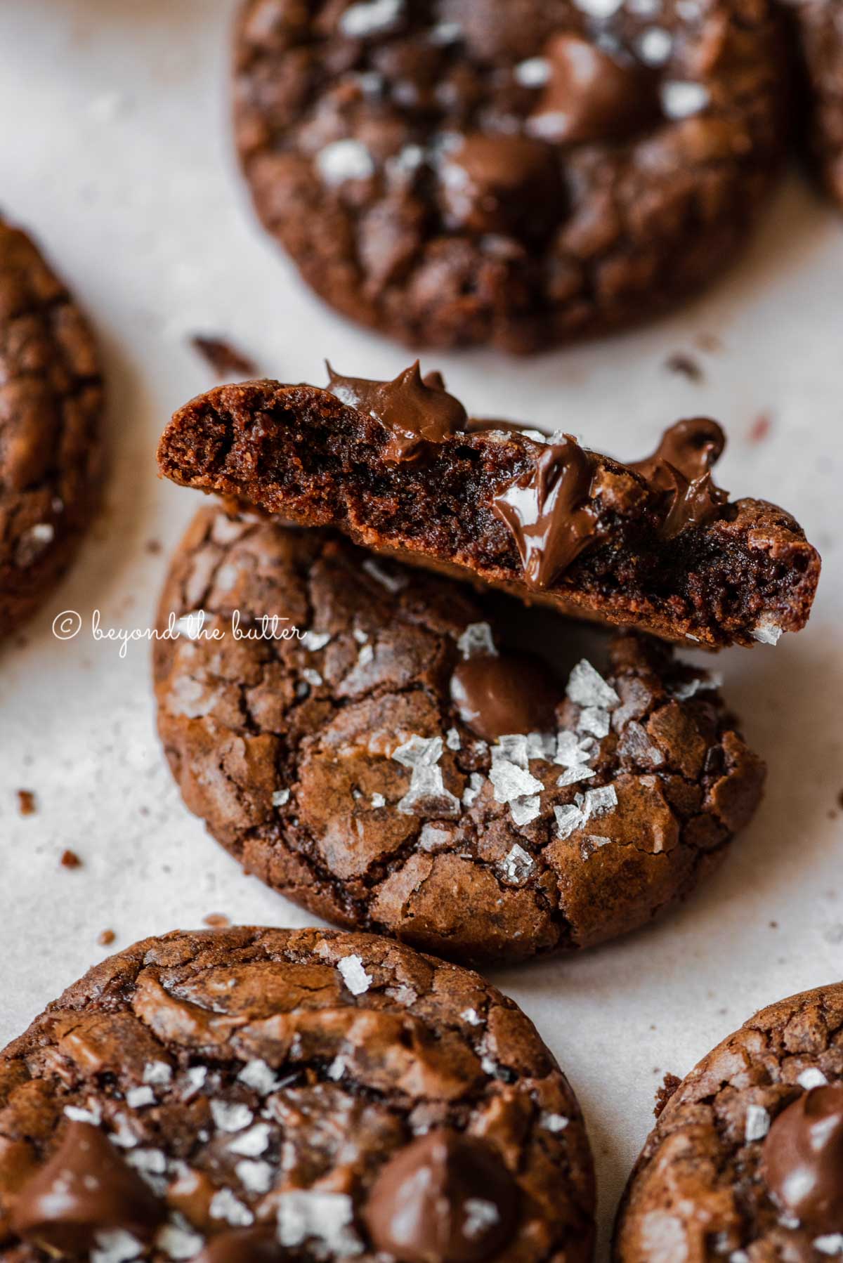 Salted brownie cookie split in half showing with melted chocolate chips peaking through | All Images © Luyiz®