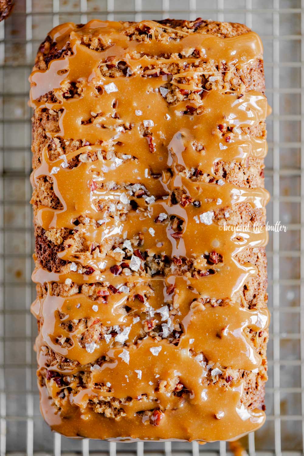 Closeup overhead image of salted caramel banana nut bread | All Images © Luyiz™