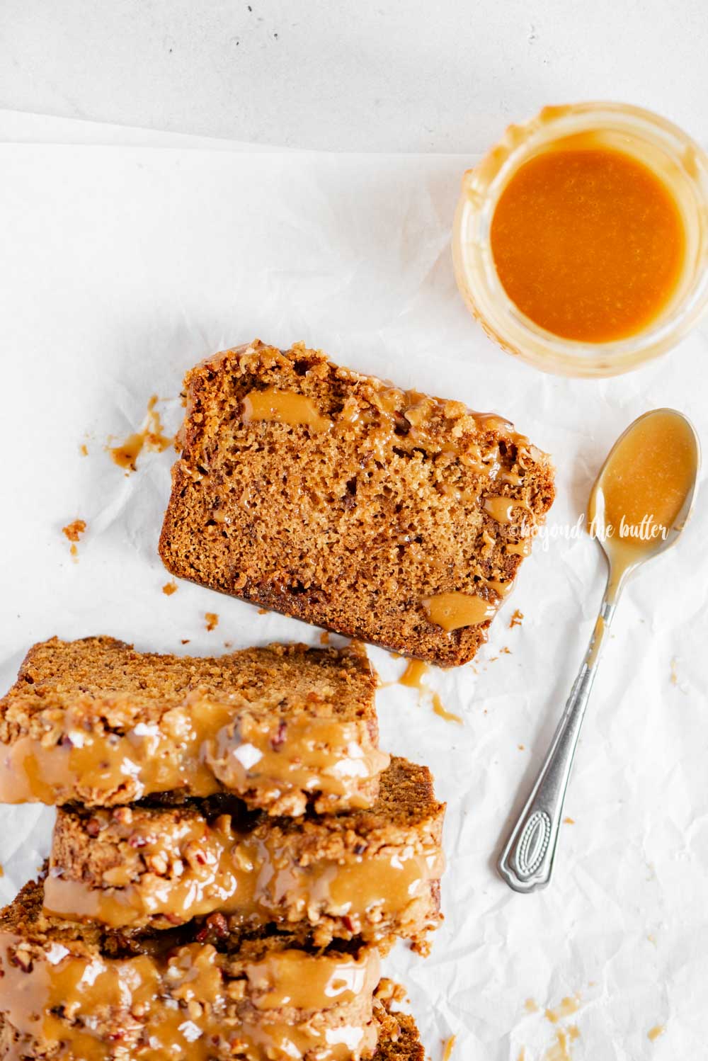 Overhead image of sliced salted caramel banana nut bread | All Images © Luyiz™