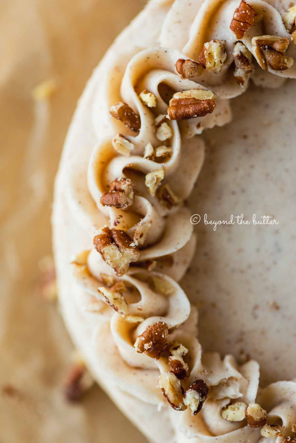 Detailed closeup image of frosted 6 inch carrot cake on sheets of brown parchment paper | All Images © Luyiz®