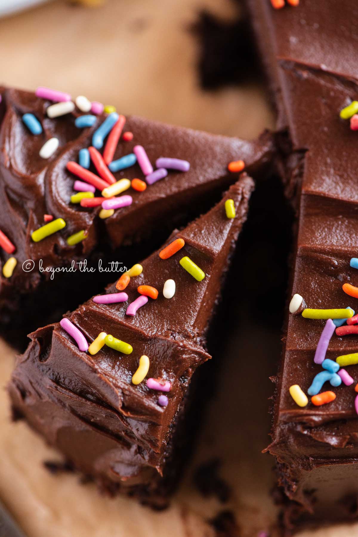 Overhead closeup image of single layer chocolate cake with slices cut and randomly placed by the cake | All Images © Luyiz®