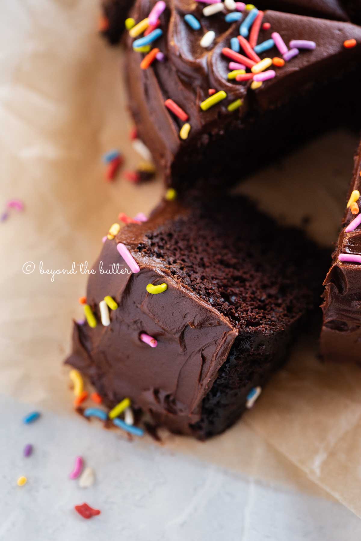 Angled closeup image of single layer chocolate cake with slices cut and randomly placed by the cake | All Images © Luyiz®