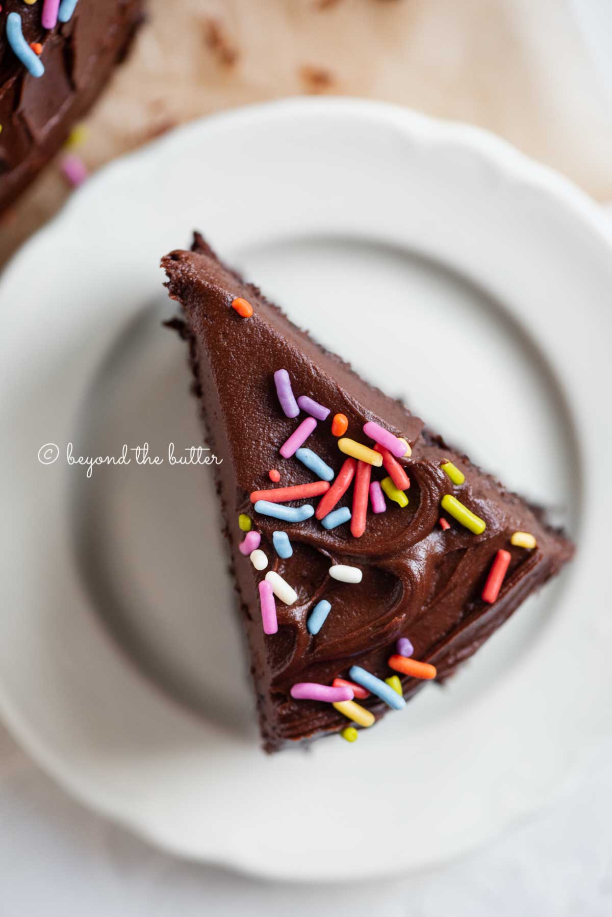 Overhead closeup image of single slice of 6 inch chocolate cake on white dessert plate | All Images © Luyiz®