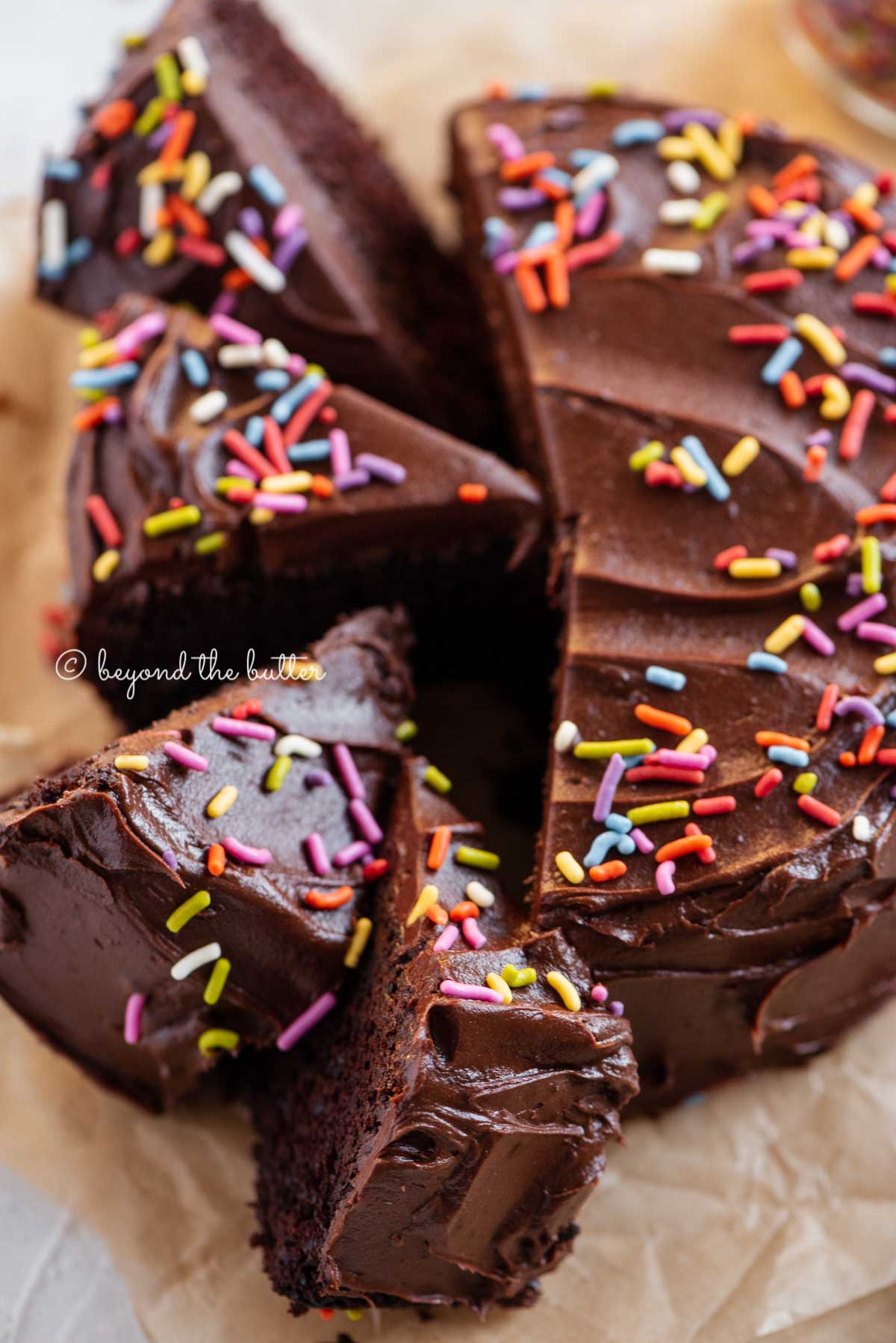 Overhead image of single layer chocolate cake with slices cut and randomly placed by the cake | All Images © Luyiz®